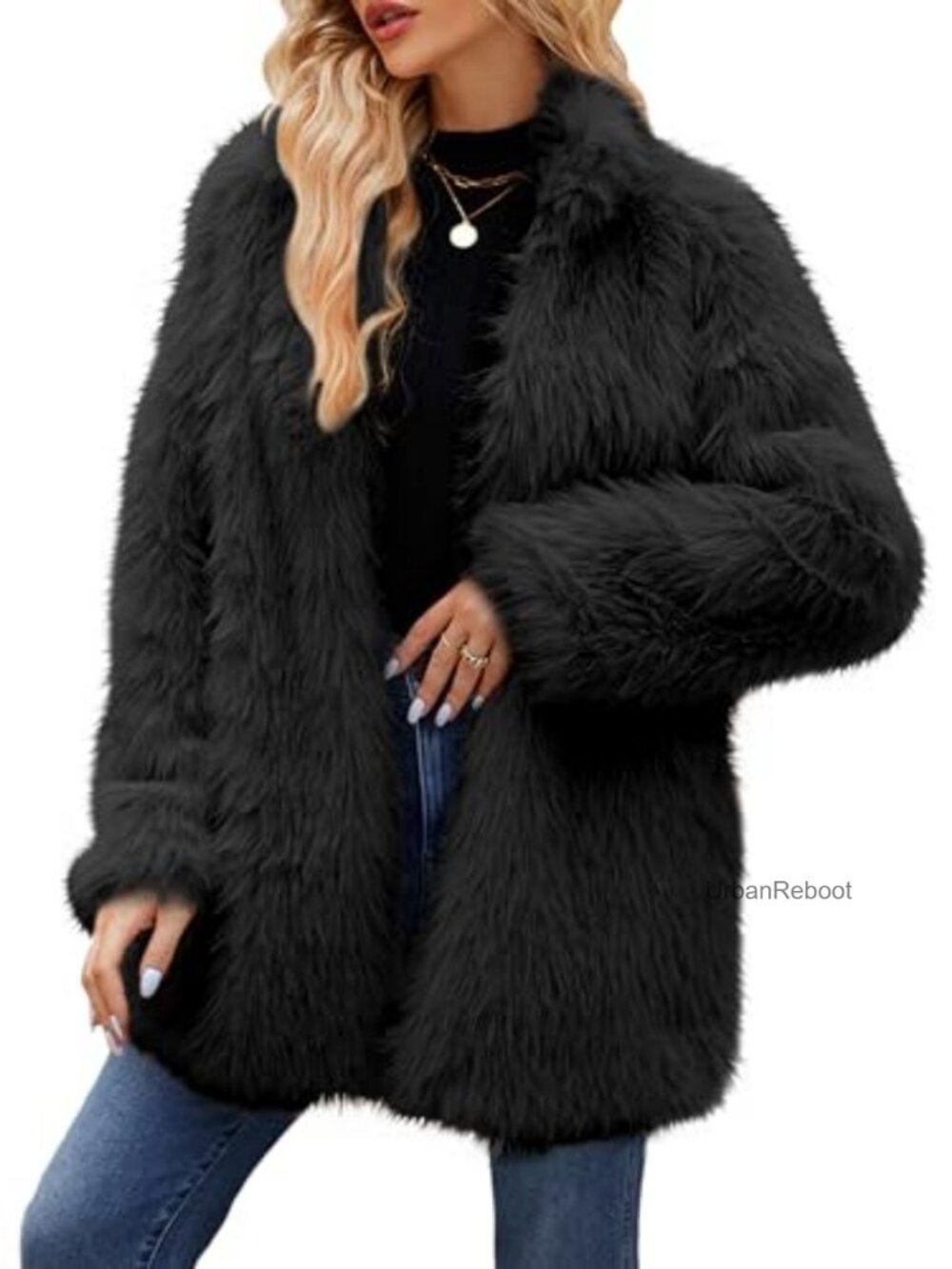 Faux Fur Coat Furry Winter Jacket Long Sleeve Warm Open Front Fluffy